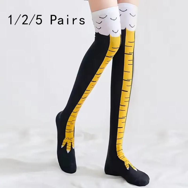 Funny Chicken Leg Socks - ถุงเท้ายาวถึงเข่าผู้หญิง 1/2/5 คู่ ลายการ์ตูนน่ารัก ลายกรงเล็บไก่ แฟชั่น