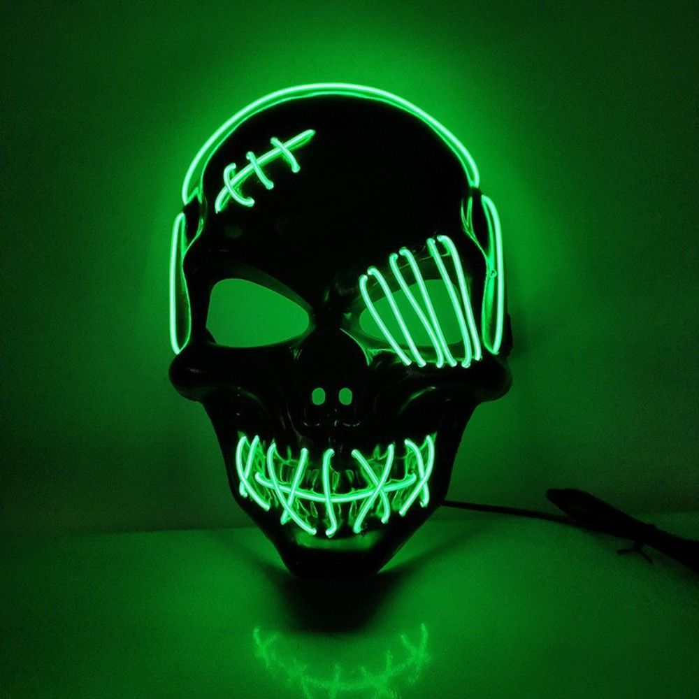 Led Purge Mask Halloween - หน้ากากโกธิคฮาโลวีนลายหัวกะโหลกเรืองแสง PP แสงเย็น ปิดบังใบหน้าเต็มรูปแบบ พร้อมที่ปิดตา อุปกรณ์ประกอบชุดแฟนซีสำหรับการแสดง