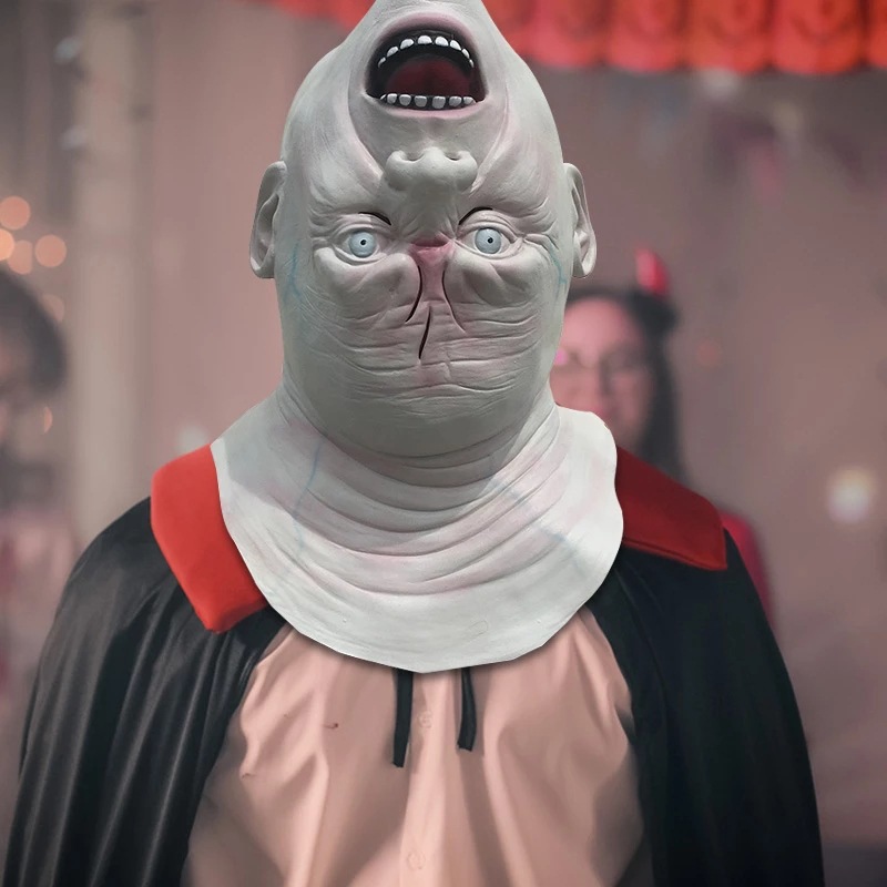 Latex Alien Mask Realistic - หน้ากากยางลาเท็กซ์เหมือนจริงของสัตว์ประหลาดปากใหญ่สุดน่ากลัว หน้ากากเต็มหัวรูปทรงสัตว์ต่างดาวผิวขาวมีริ้วรอย เหมาะสำหรับธีมสยองขวัญ