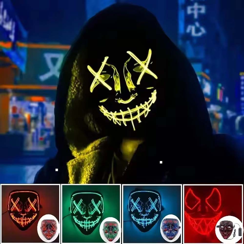 Led Purge Mask Halloween - หน้ากากนีออน LED ไร้สาย เรืองแสงในที่มืด สำหรับคอสเพลย์ หน้ากากสยองขวัญ