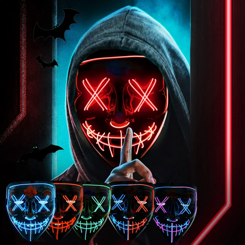 Led Purge Mask Halloween - หน้ากากเวนเดตต้าเรืองแสงสำหรับฮาโลวีน หน้ากากแฮกเกอร์ลึกลับ ธีมภาพยนตร์ คอสเพลย์ อุปกรณ์ประกอบฉากสยองขวัญ หลากสี