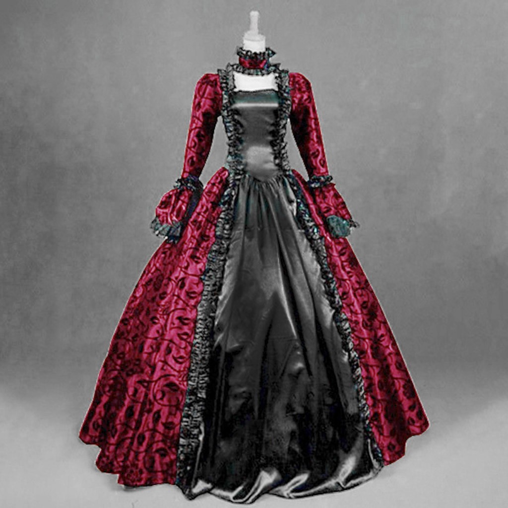 Medieval Renaissance Dress Women - ชุดเดรสวินเทจผู้หญิง ดีไซน์ประณีต สไตล์โกธิคย้อนยุค ลายดอกไม้ พิมพ์ลาย ชุดราตรีทรงบอลกาวน์
