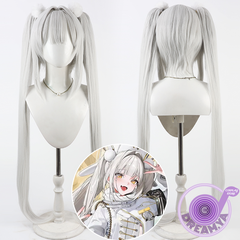 Anime Cosplay Wig Heat Resistant - วิกผมคอสเพลย์สีขาวนิคเก้เทพีแห่งชัยชนะสีเทาผมยาวสังเคราะห์ทนความร้อนฮาโลวีนสวมบทบาทปาร์ตี้คาร์นิวัล+หมวกวิกผม