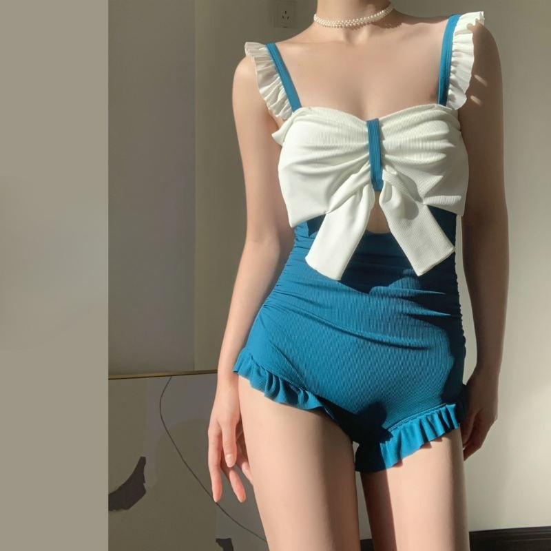 Costumes - ชุดว่ายน้ำลายโบว์น่ารักสำหรับผู้หญิง ชุดว่ายน้ำวันพีซแบบเปิดหลัง ดีไซน์หรูหรา สีพาสเทลอ่อน สำหรับกิจกรรมทางน้ำ