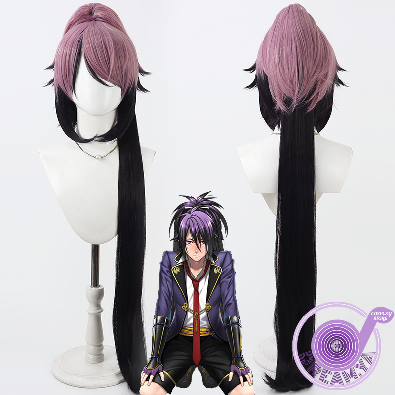 Anime Cosplay Wig Heat Resistant - ฟูโดะ ยูกิมิตสึคอสเพลย์วิกผมโทเคน รันบุสีม่วงสีดำผมหางม้าผมสังเคราะห์ทนความร้อนฮาโลวีนเล่นบทบาท + หมวกวิกผม