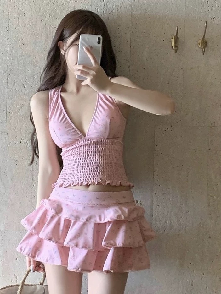 Costumes - ชุดว่ายน้ำผู้หญิงสำหรับฤดูร้อน ทรงสลิม ชุดแทนกินี่ ชุดบิกินี่กระโปรงแบบเรียบร้อย สำหรับผู้หญิง ผ้าโพลีเอสเตอร์
