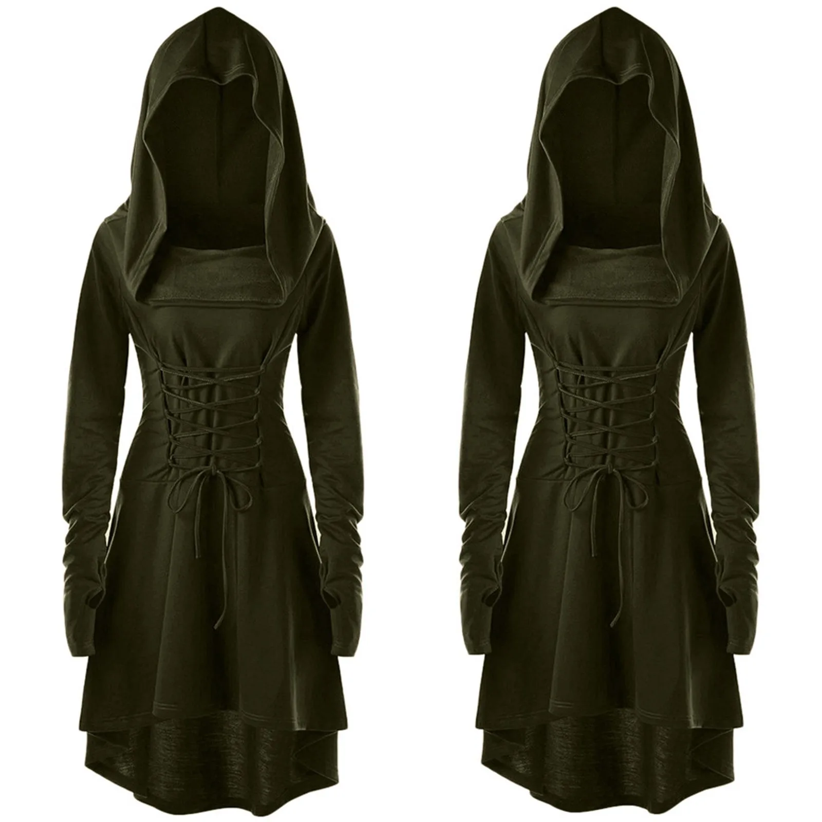 Medieval Renaissance Dress Women - ชุดคอสเพลย์นักธนูหญิงยุคกลาง ชุดเดรสพิกซี่มีฮู้ด แขนยาว สไตล์เรเนซองส์ ชุดนักล่า LARP