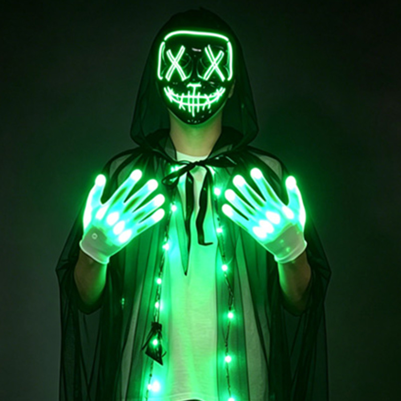 Led Purge Mask Halloween - ชุดหน้ากากกะโหลก LED พร้อมถุงมือเรืองแสง หน้ากากกะโหลกเรืองแสงและถุงมือสำหรับคอสเพลย์ อุปกรณ์ประกอบฉากหน้ากากสำหรับงานปาร์ตี้ฮาโลวีน
