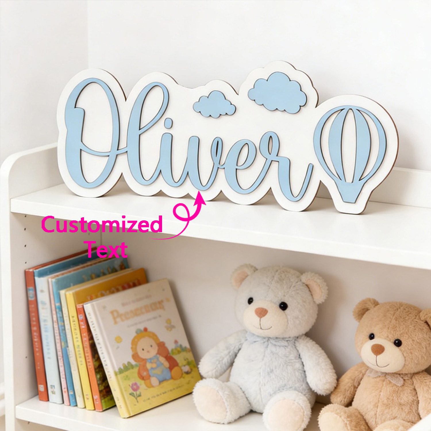 Party Supplies - ป้ายชื่อห้องรูปบอลลูนลมร้อนและเมฆแบบปรับแต่งได้, ป้ายไม้สีฟ้าพาสเทลที่สามารถปรับแต่งได้, ของตกแต่งห้องนอนเด็ก, ของขวัญแสนหวาน