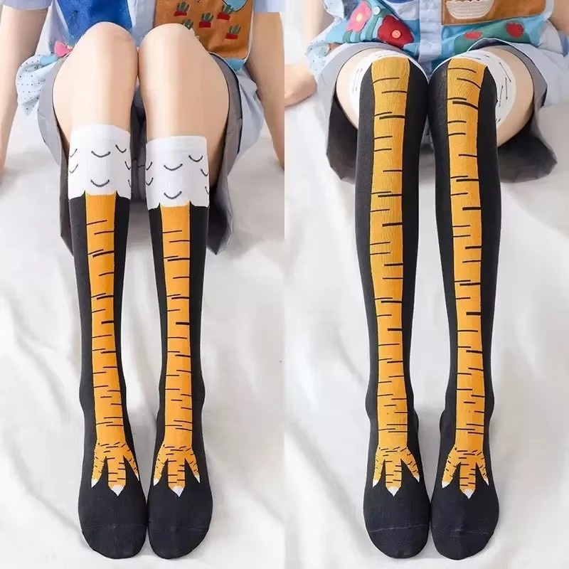 Funny Chicken Leg Socks - ถุงน่องลายเท้าไก่ตลก แบบยาวคลุมเข่า กระชับขาเรียวบาง สำหรับผู้หญิง ฤดูใบไม้ผลิ ฤดูใบไม้ร่วง