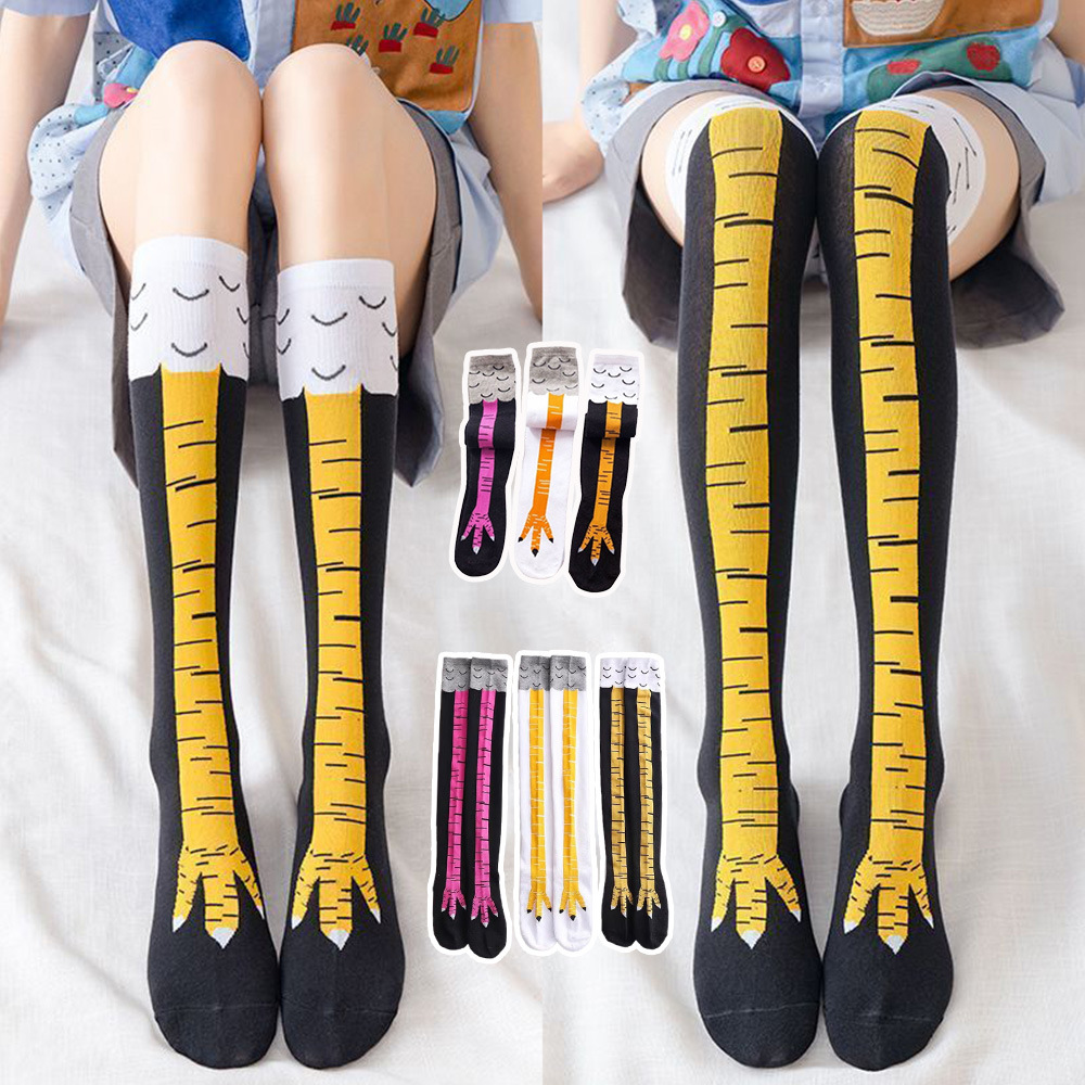 Funny Chicken Leg Socks - ถุงเท้าผู้หญิงแบบยาวถึงเข่า 1-4 คู่ ลายการ์ตูนสุดเก๋ ลายตีนไก่ ถุงเท้าสำหรับออกกำลังกาย