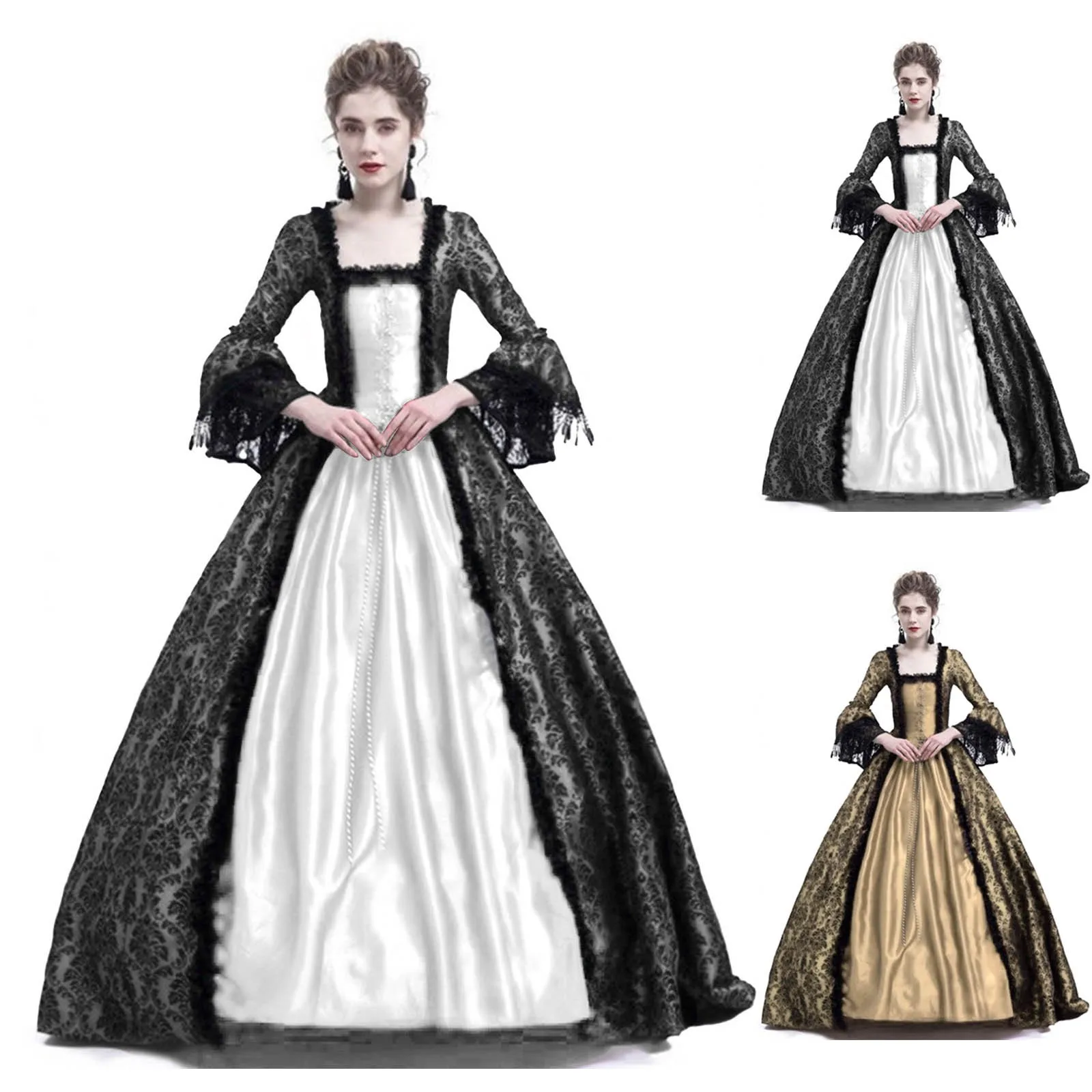 Medieval Renaissance Dress Women - ชุดคอสเพลย์ฮาโลวีนสำหรับผู้หญิง ชุดเดรสสไตล์ยุคกลาง แขนทรงทรัมเป็ต แต่งลูกไม้ ชุดเดรสยาวแบบวินเทจ ไซส์พลัส