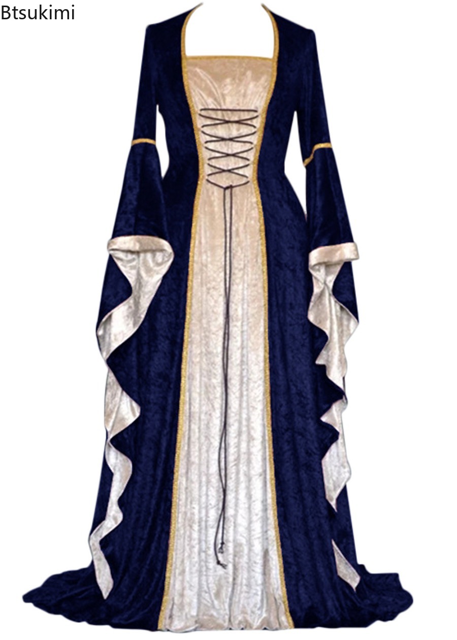 Medieval Renaissance Dress Women - ชุดเดรสสไตล์เรโทรยุคกลางสำหรับผู้หญิง ชุดคอสเพลย์ฮาโลวีนแบบผูกเชือกยาว ชุดราตรีหรูหราสไตล์เรโทร