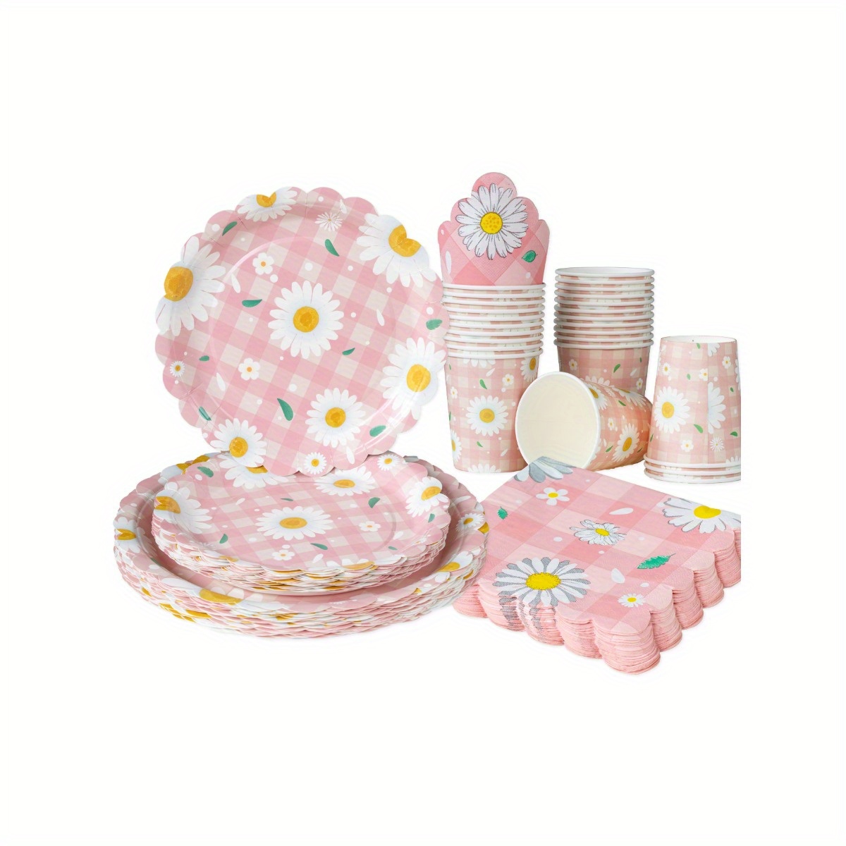 Party Supplies - ชุดจานชามกระดาษลายดอกเดซี่สีชมพู 25 ชิ้น ขนาด 7/9 นิ้ว