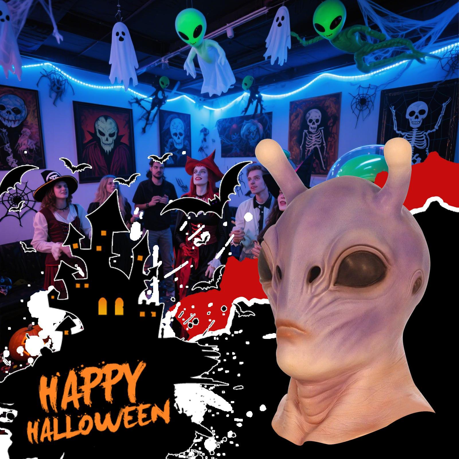 Latex Alien Mask Realistic - Full Head สมจริงฮาโลวีนหน้ากากคนต่างด้าวคอสเพลย์ HorrorUFO Skull Latex